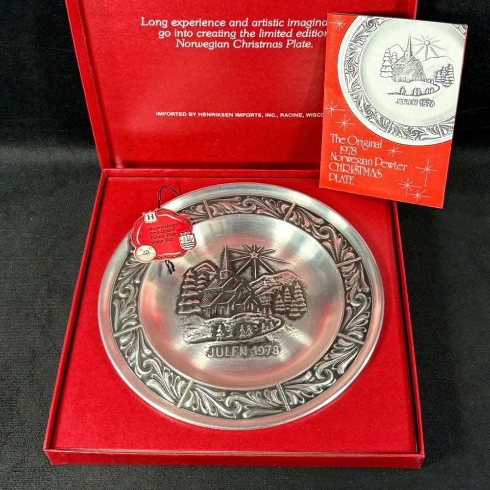 A. Holthe Norway Pewter Plate Julen 1978 Christmas Plate 6th‎ Edition Tags Box